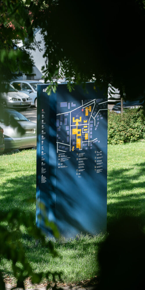 Outside totem with a map for University of Silesia in Cieszyn