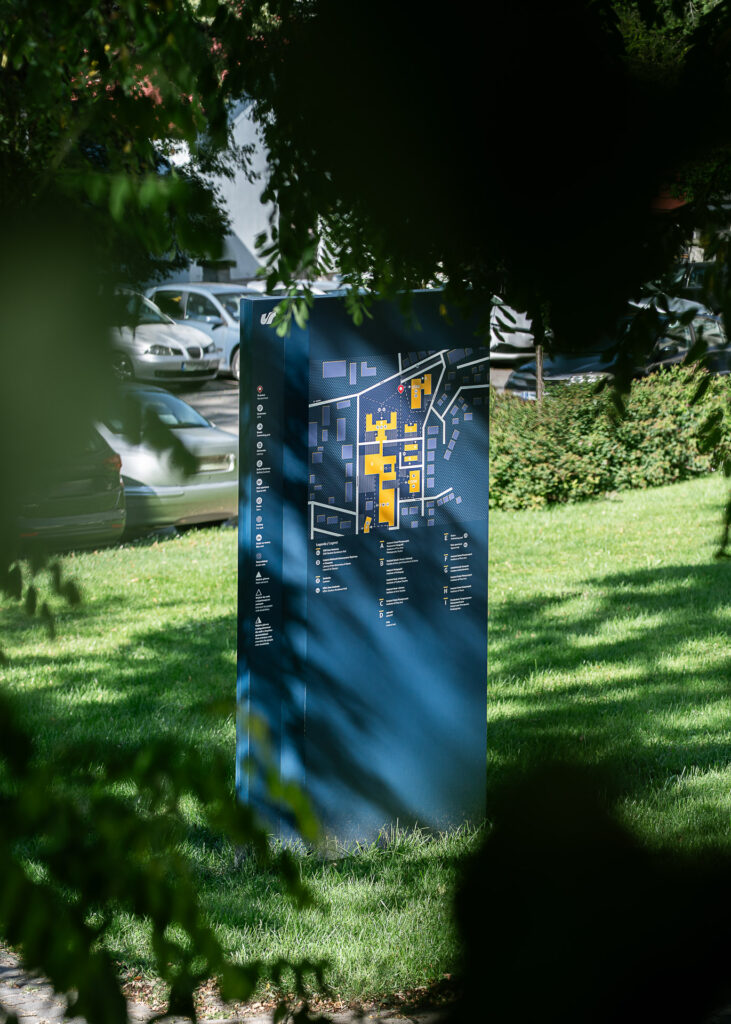 Outside totem with a map for University of Silesia in Cieszyn