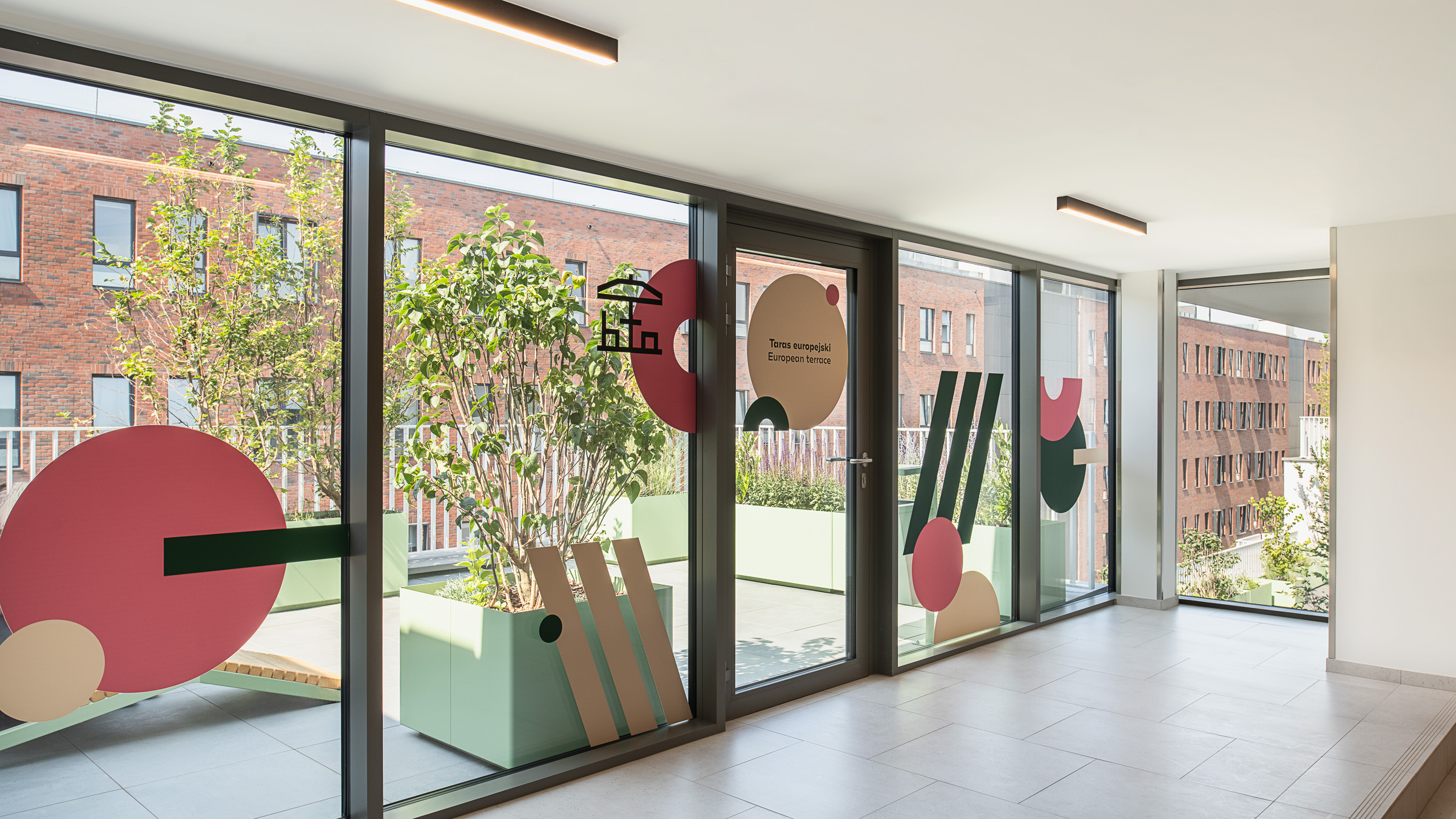 Wayfinding system residential building terrace signage