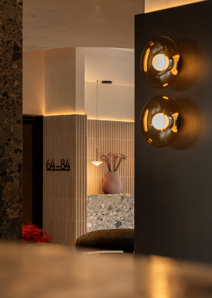 Lobby details and custom wayfinding system Noho Investment