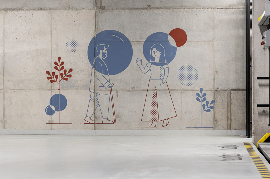 custom illustration in the underground parking in Lindego Noho Investment