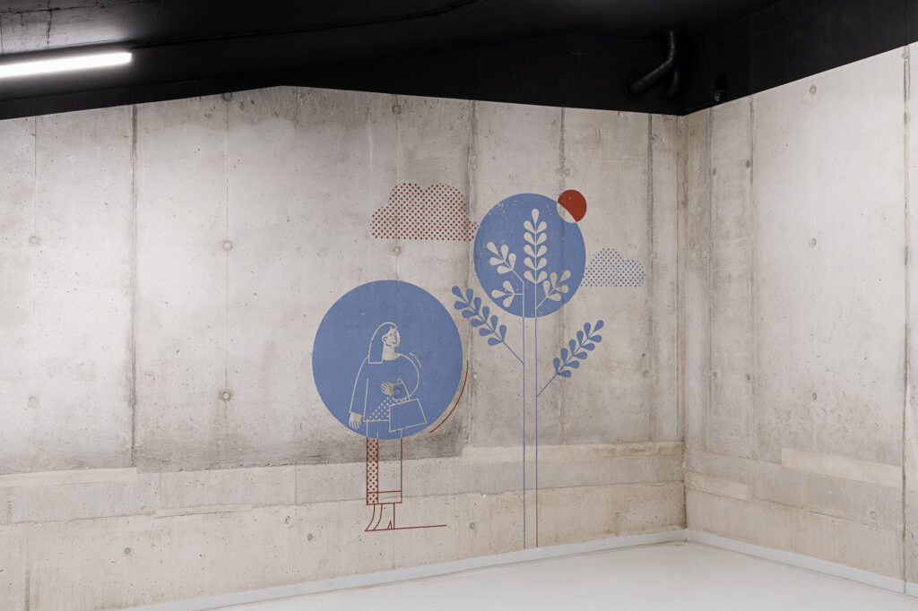Autorskie ilustracje space branding w Noho Lindego w parkingu