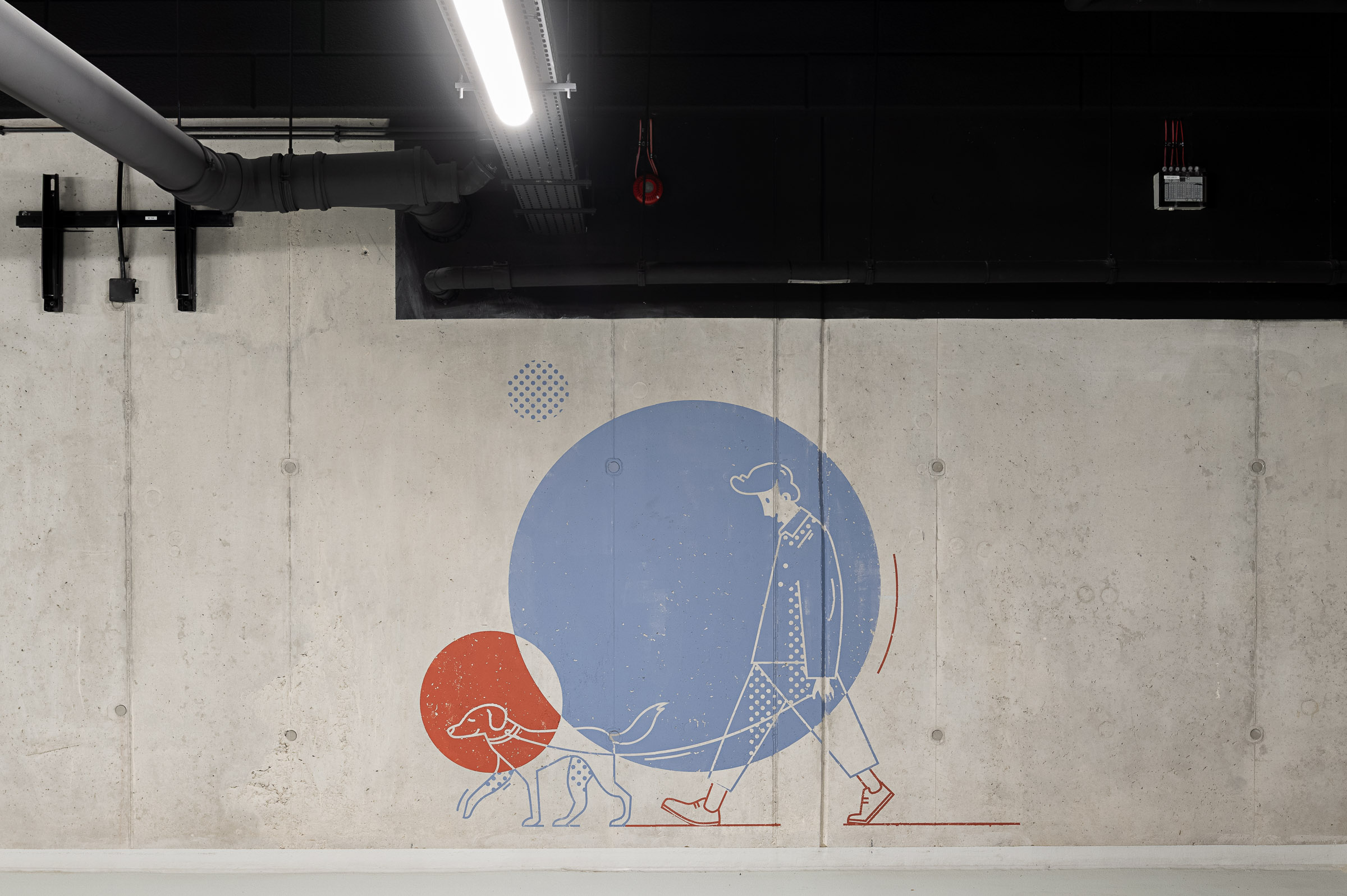 custom illustration in the underground parking in Lindego Noho Investment guy with a dog