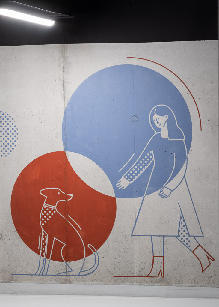 custom illustration in the underground parking in Lindego Noho Investment dog